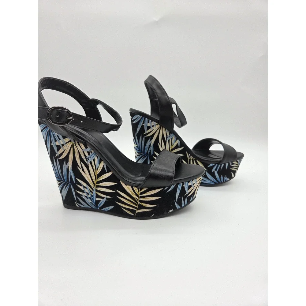 Charlotte Russe‎ Wedge Sandals 7 Black Womens Tropical Palm Leaf Platform Heels